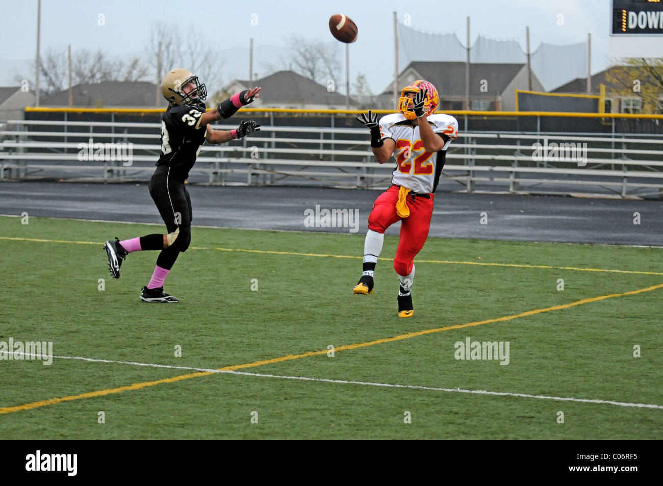 Wide receiver catching a touchdown pass in the end zone. USA Stock Photo Alamy