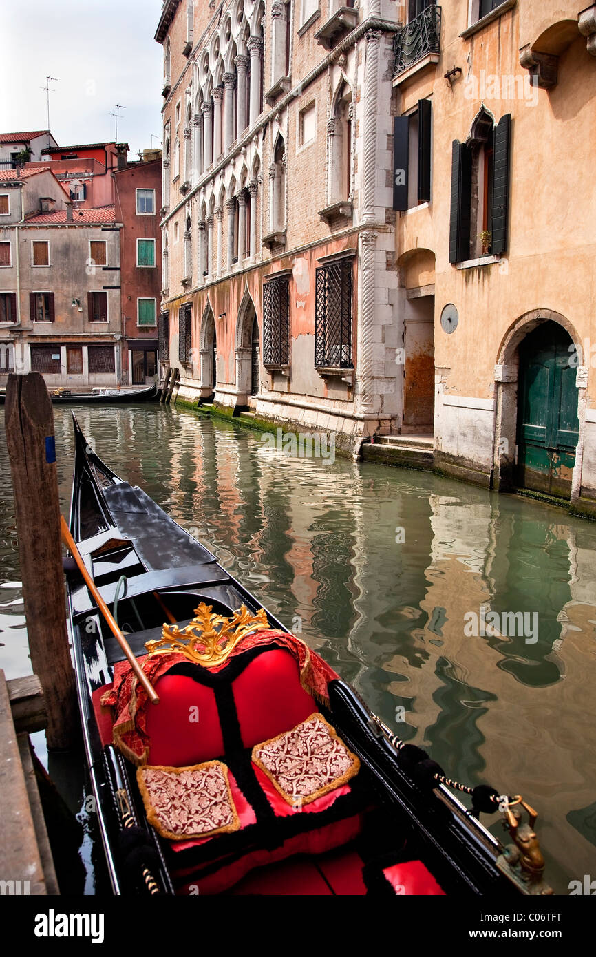 Small Canal Bridge Buildings Gondola Boats Reflections Venice Italy