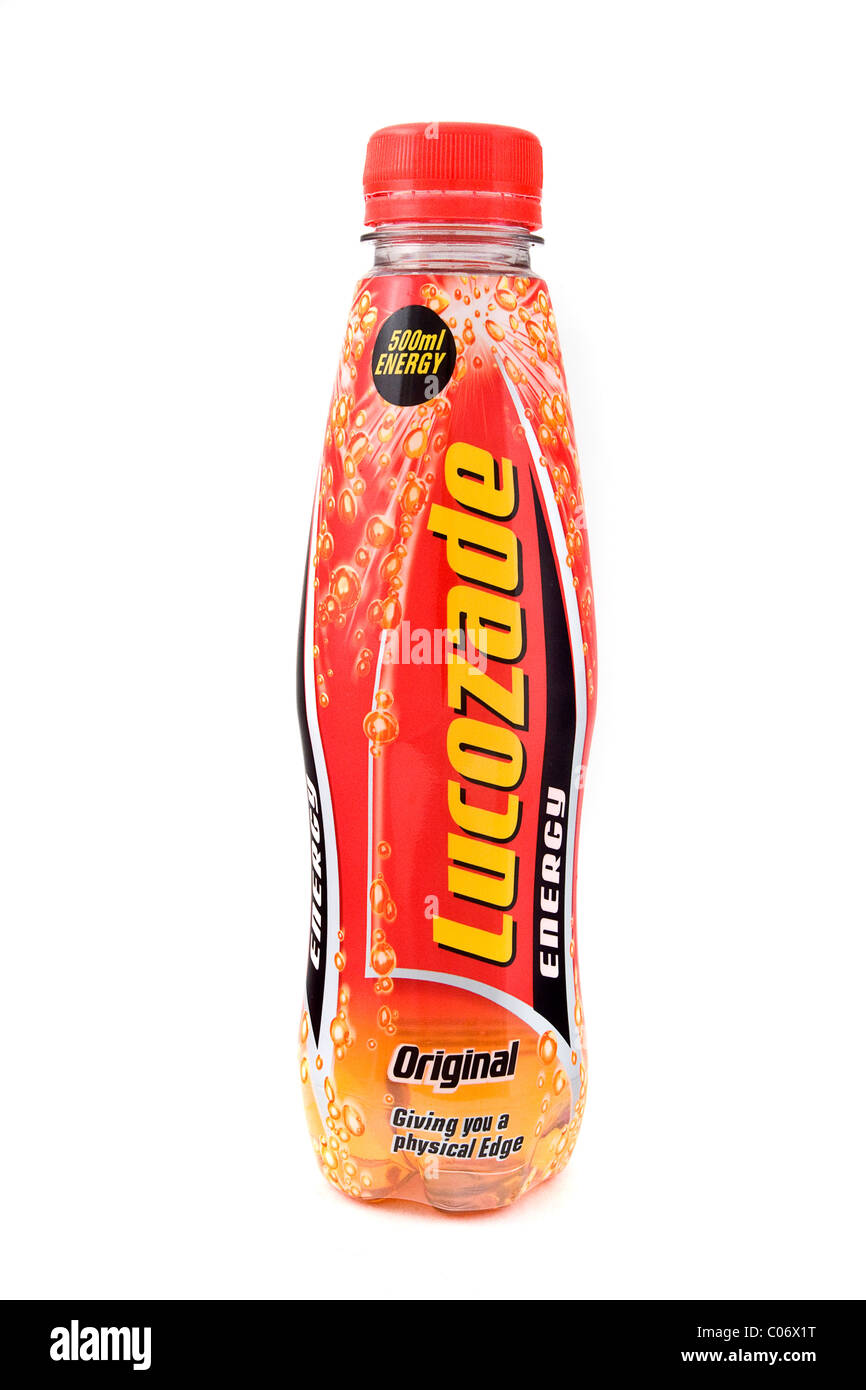 Bottle of Lucozade on a white background. Stock Photo