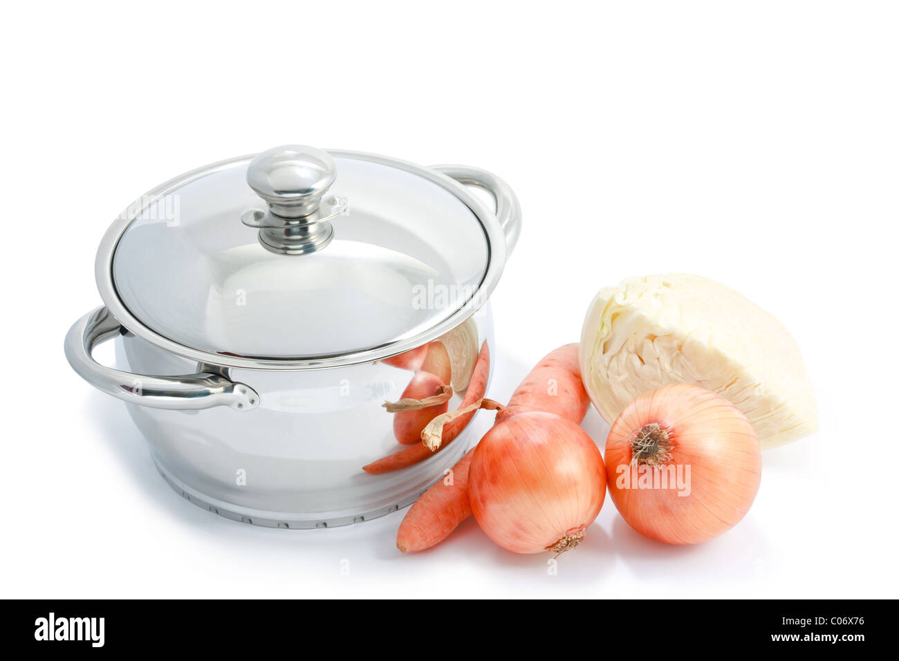 Stainless steel cooking pot, onion, carrot and cabbage isolated on white Stock Photo
