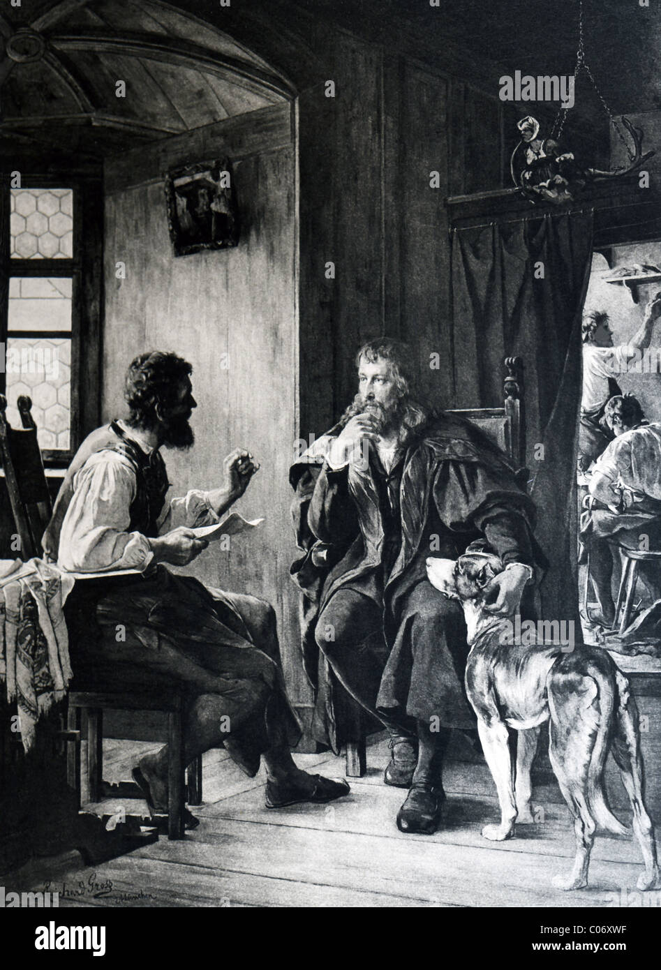 German poet Hans Sachs (left) and German artist Albrecht Durer meet and discuss items of interest to them both. Stock Photo