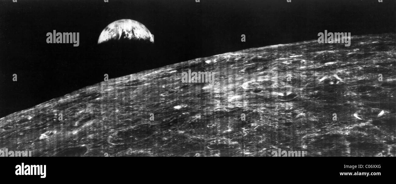 The world's first view of Earth taken by a spacecraft from the vicinity of the Moon. August 23, 1966 Stock Photo