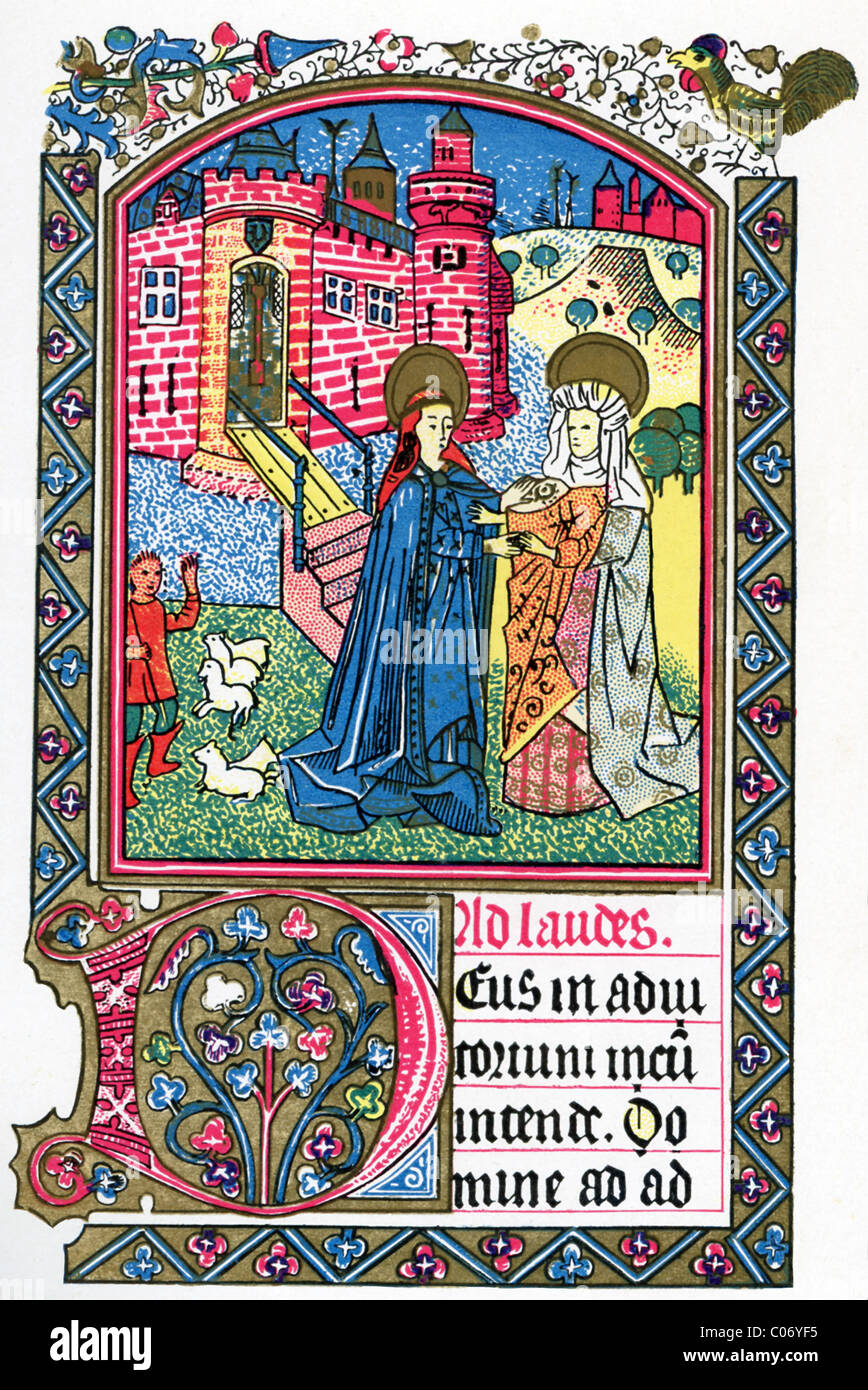 A book illumination from  Caumartin Horae, a c. 1480 Biblical and Liturgical manuscript (MSS) , shows the Visitation. Stock Photo