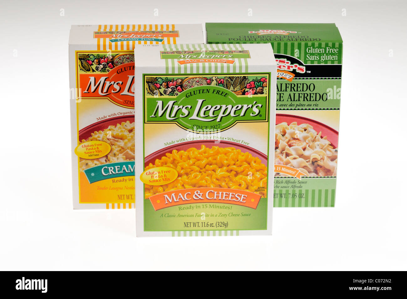 Boxes of Mrs. Leepers Gluten-free  organic pasta products, isolated. Stock Photo