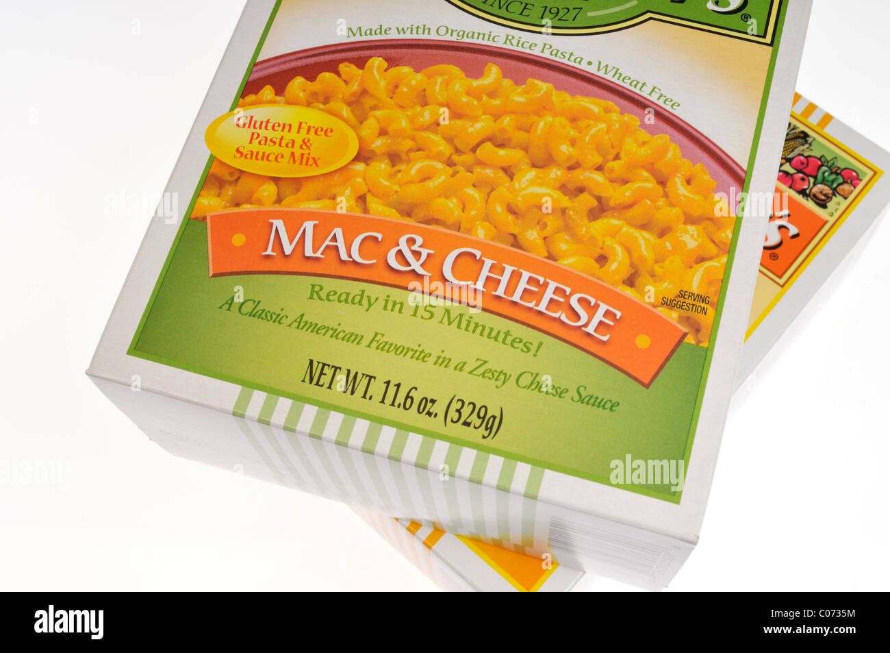 Box  of Gluten-free wheat - free organic corn pasta macaroni and cheese ready-meals, isolated. Stock Photo