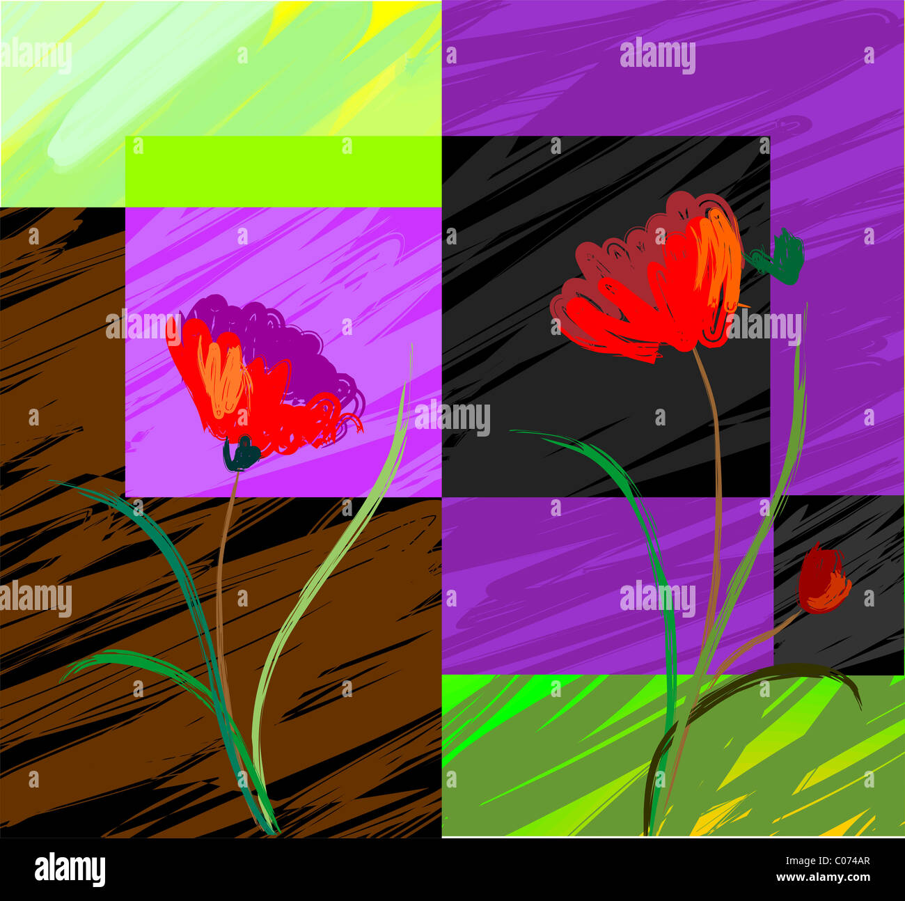 Digital painting of plant and flowers.The artist is experiencing the beauty of the flowers with colourful tiles as background. Stock Photo
