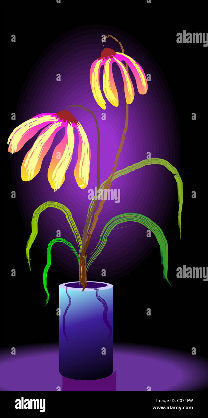 Digital painting of flower vase. The artist is feeling sorrow to watch the dry flowers. Stock Photo