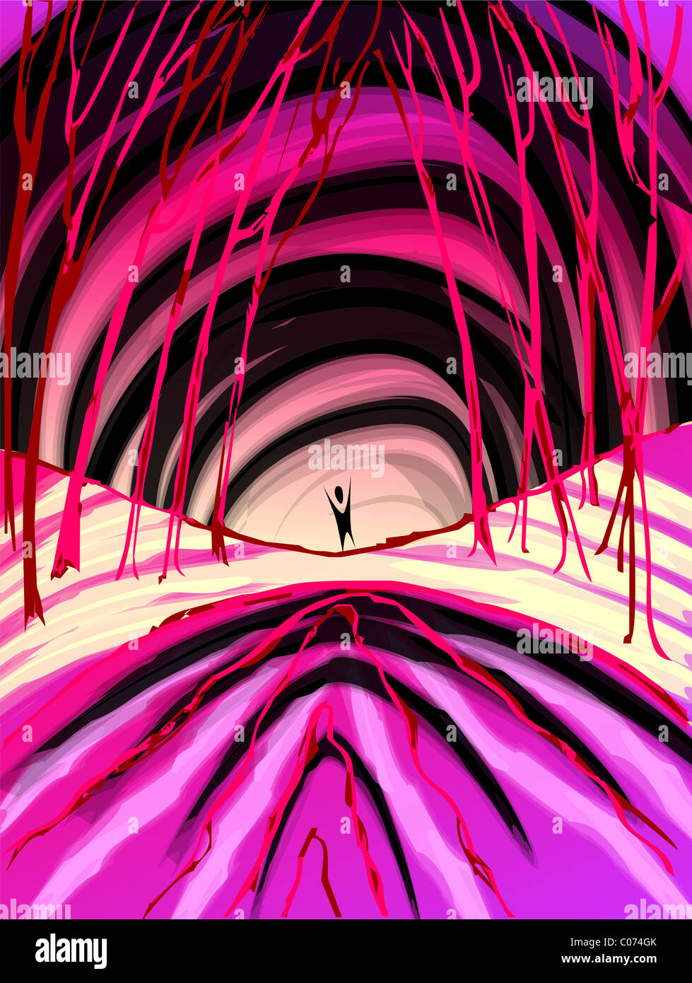 Digital painting of a man inside the tunnel. The artist is experiencing the beauty of the colourful entrance of the tunnel. Stock Photo