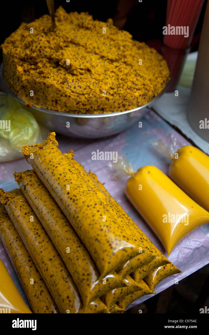 Bags of maracuya, or passion fruit, pulp for sale in the Mercado de Belen (Belen Market) in Iquitos, Peru. Stock Photo