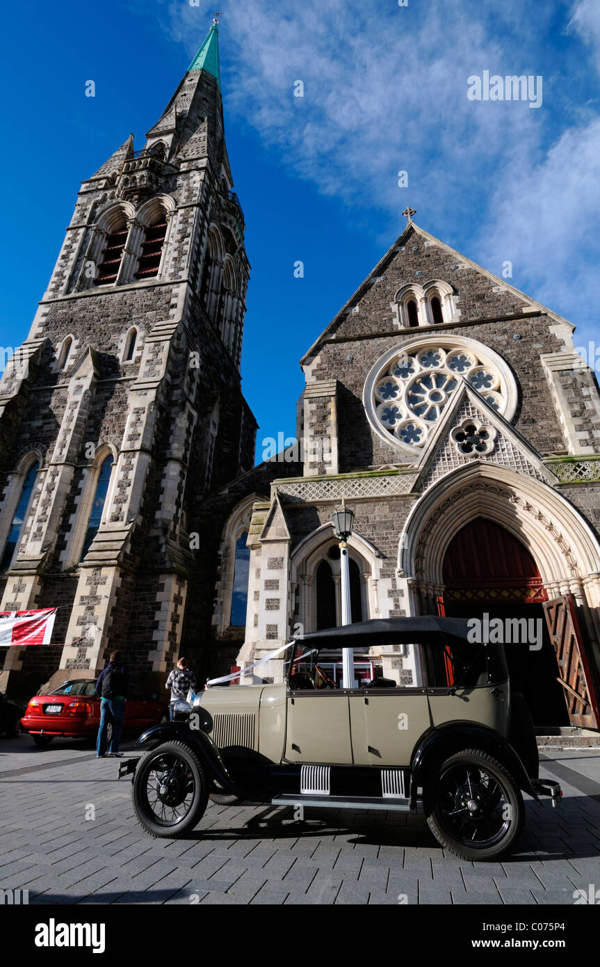 wedding car outside Christchurch cathedral steeple New Zealand cathedral square Stock Photo