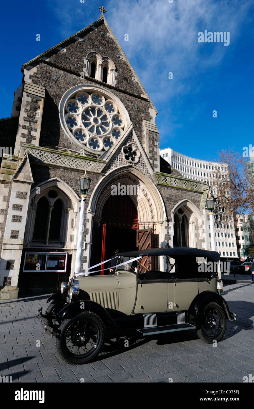 wedding car outside Christchurch cathedral New Zealand cathedral square Stock Photo