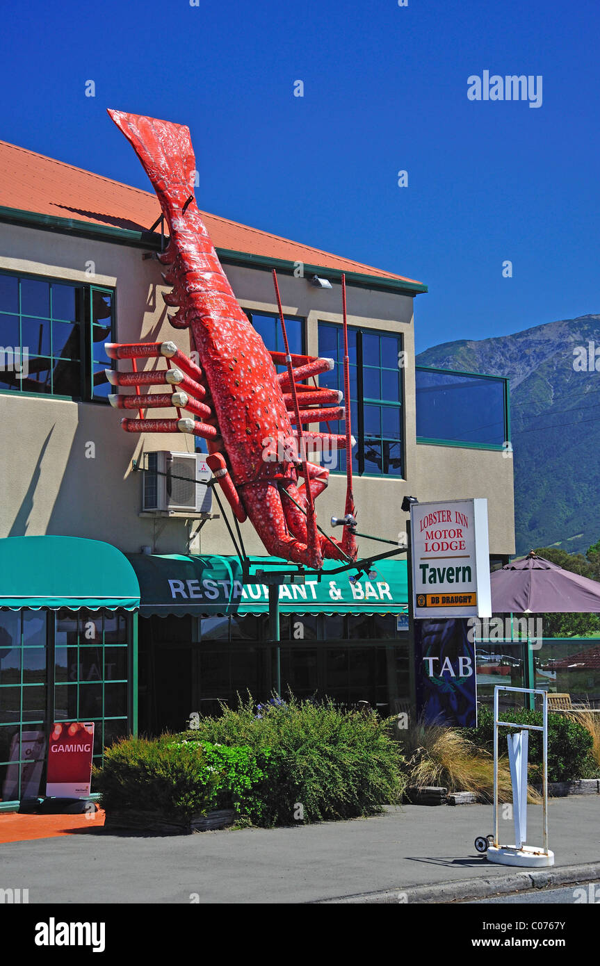 Large Crayfish sign, Lobster Inn, Beach Road, Kaikoura, Canterbury Region, South Island, New Zealand Stock Photo