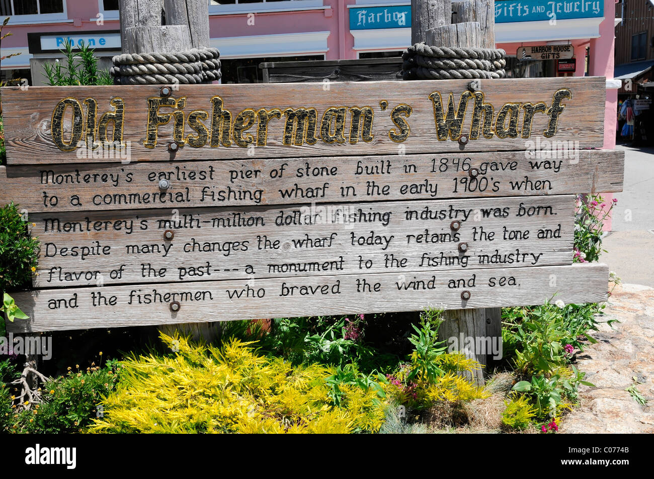 Old Fisherman's Wharf, sign in the harbour, Monterey, California, USA, North America Stock Photo