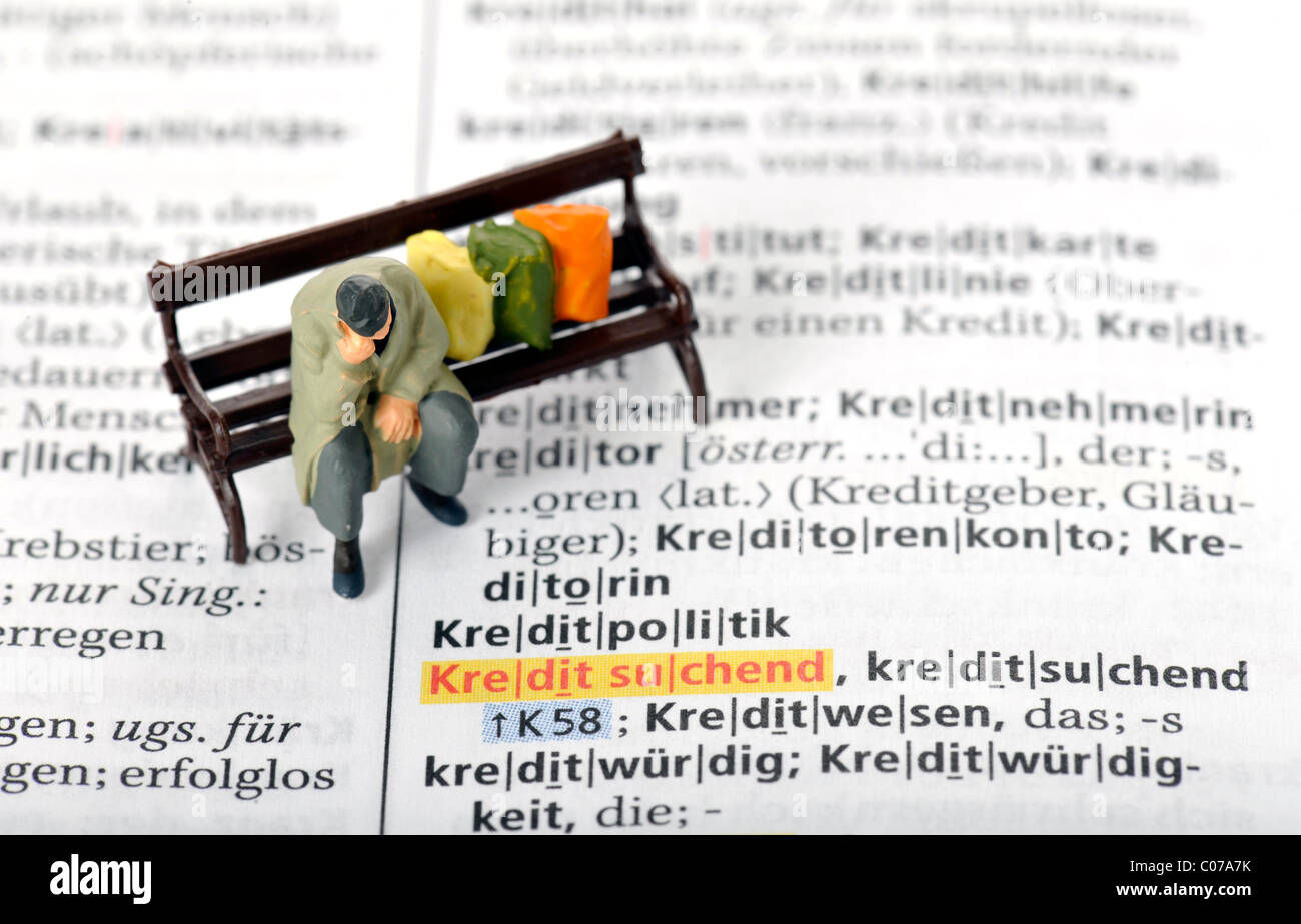 Figure, homeless, park bench, dictionary entry, symbolic image for