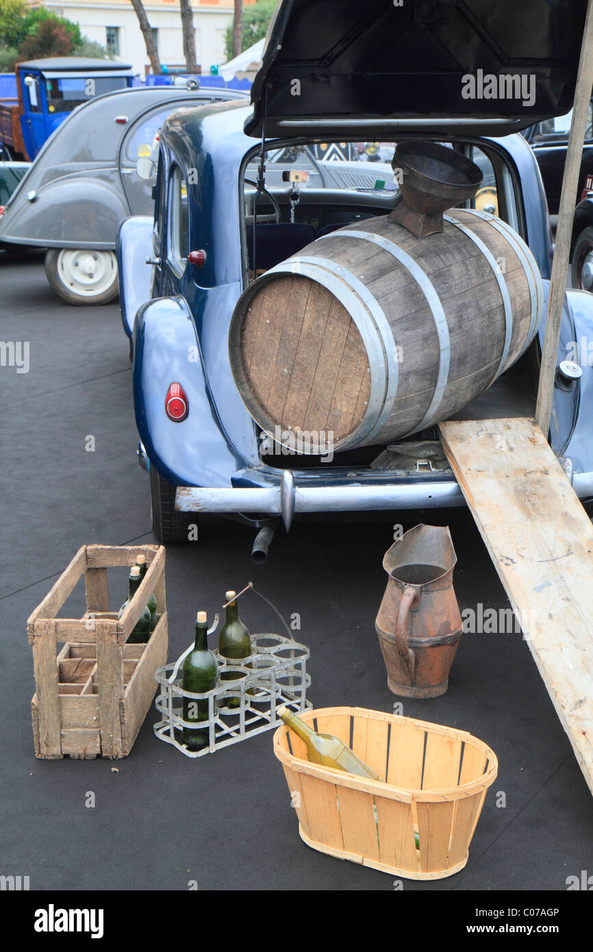Vintage Citroen with open rear door, wine barrel, wooden ramp, wine ...