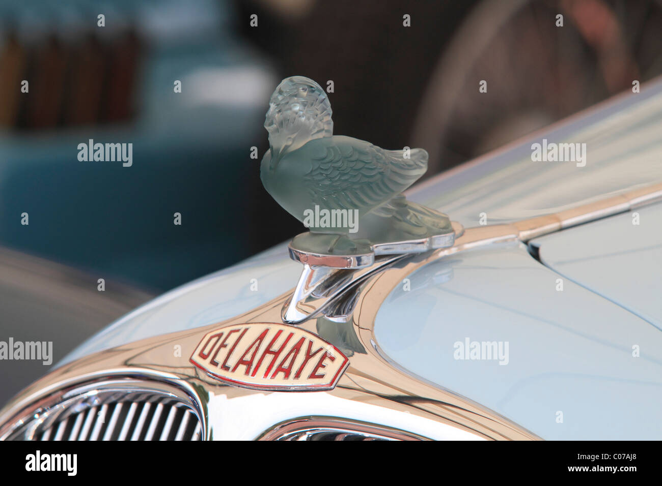 Glass hood ornament by Lalique on the radiator of a vintage Delahaye Stock Photo