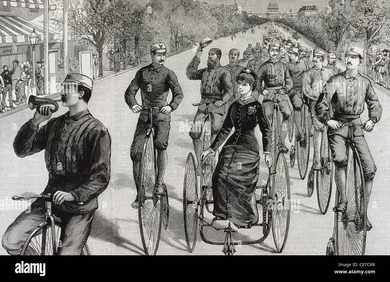 American League cycles in Pennsylvania Avenue. Mid May 1884. Washington. United States. Engraving. Stock Photo