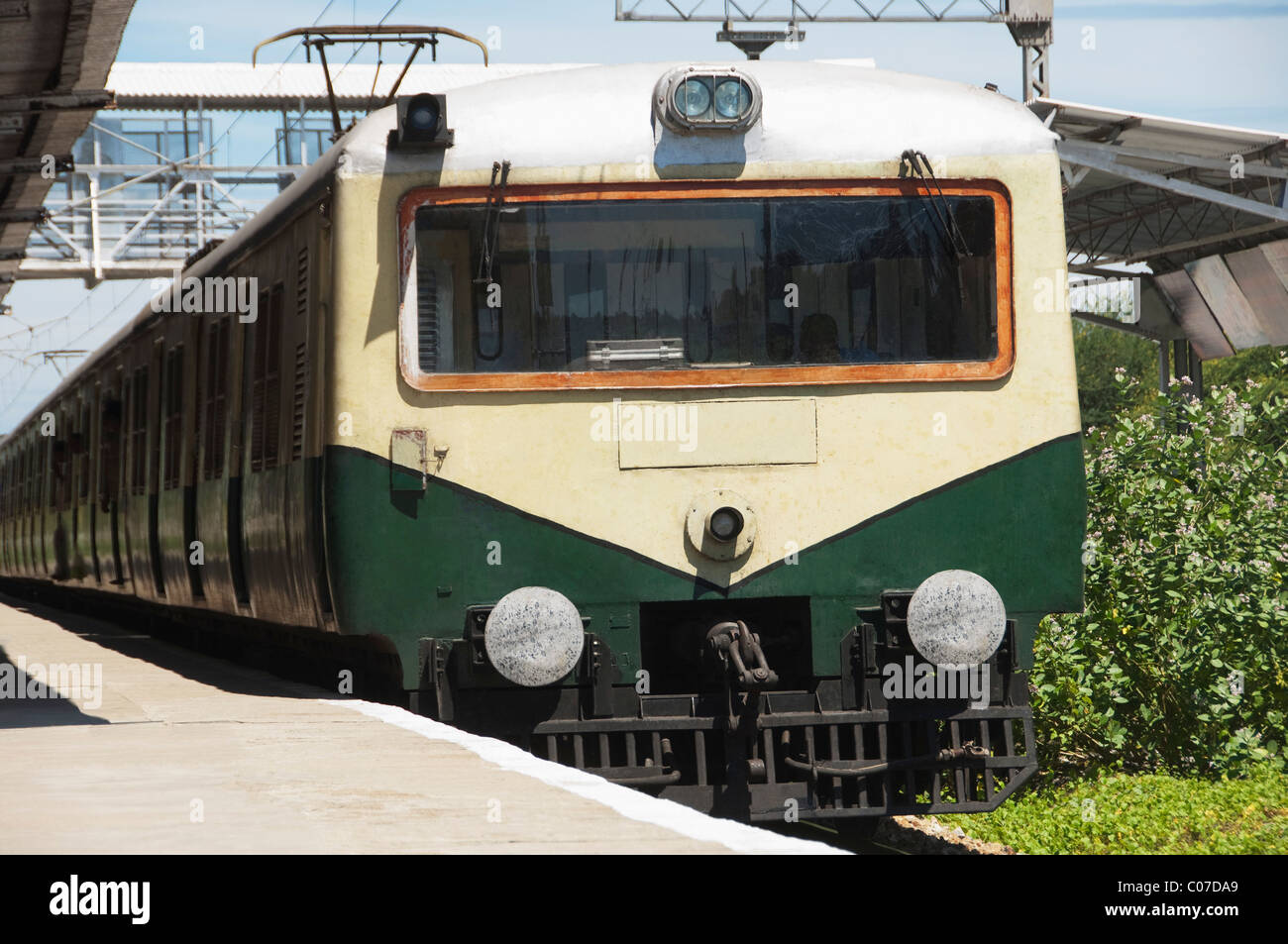 Train at a railroad station, Kanchipuram, Tamil Nadu, India Stock Photo