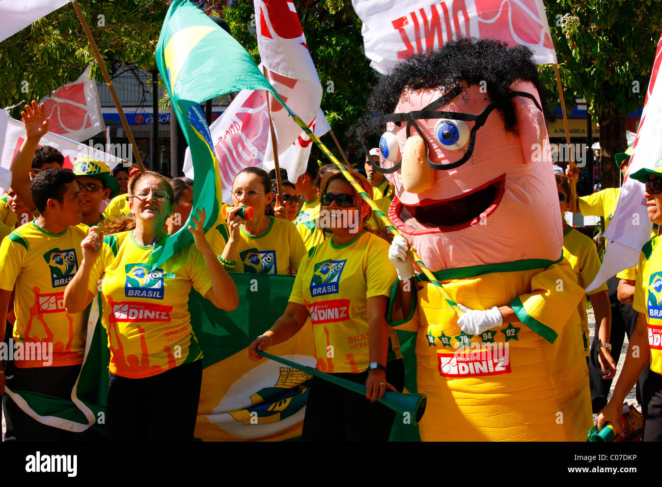 Mascot, soccer fans at Praça do Ferreira, Fortaleza, state of Ceará, Brazil, South America Stock Photo