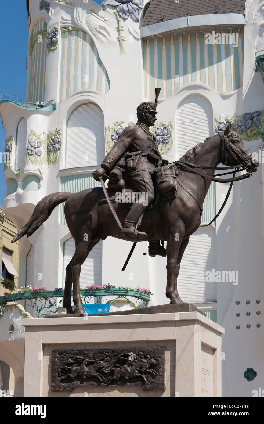 Equestrian statue, hussar memorial, Reok Palais, Szeged, Hungary, Europe Stock Photo