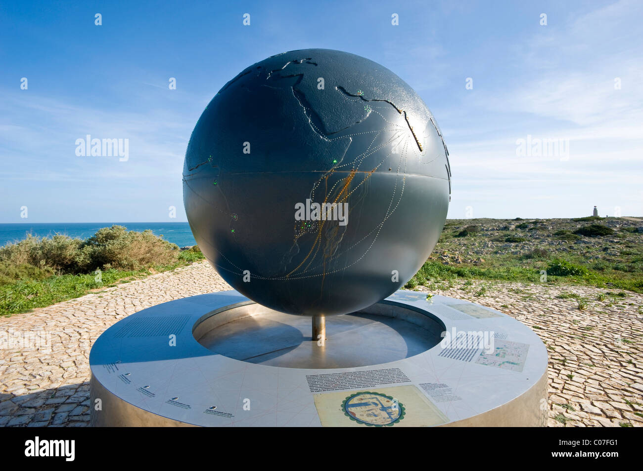 Globe in the Fortaleza de Sagres national monument, Ponta de Sagres, Sagres, Algarve, Portugal, Europe Stock Photo