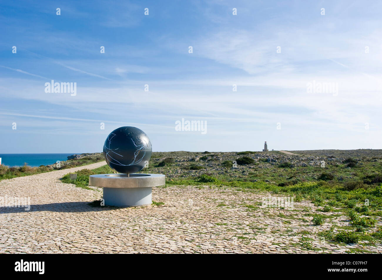 Globe in the Fortaleza de Sagres national monument, Ponta de Sagres, Sagres, Algarve, Portugal, Europe Stock Photo