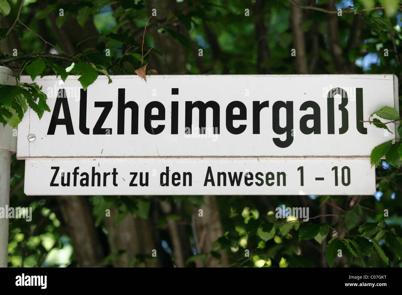 Street name Alzheimergassl in honor of Alois Alzheimer, Wessling, Fuenfseenland or Five Lakes region, Upper Bavaria, Bavaria Stock Photo