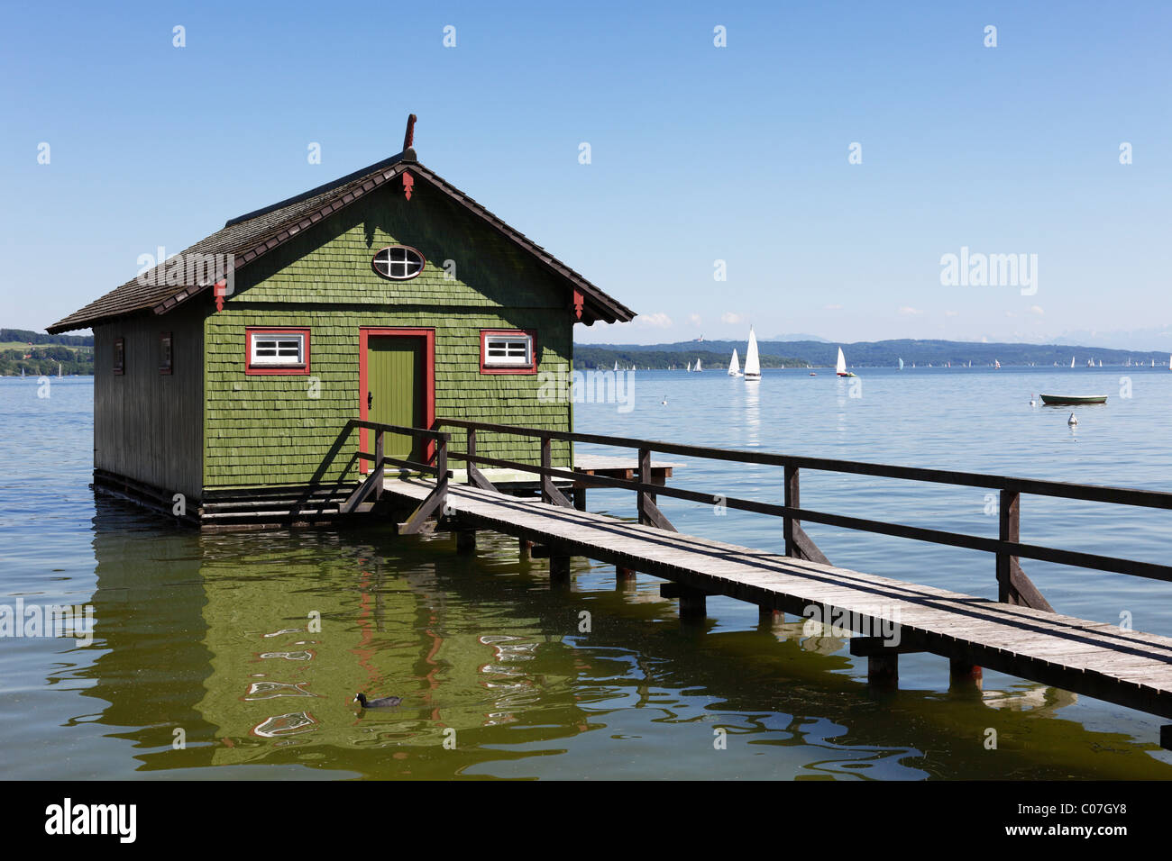 Boathouse, Ammersee lake, Schondorf, Fuenfseenland or Five Lakes region, Upper Bavaria, Bavaria, Germany, Europe Stock Photo