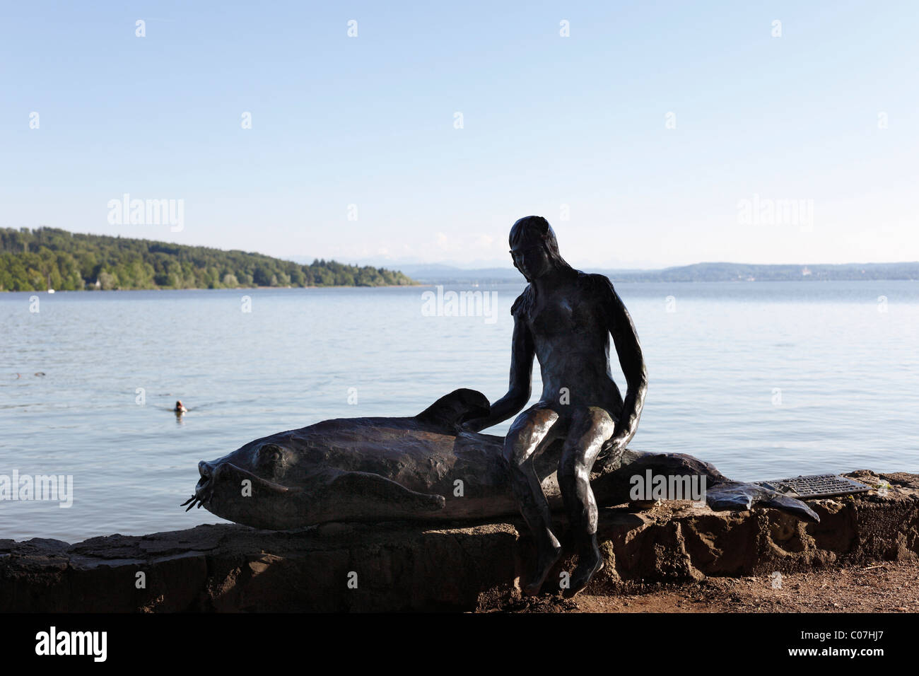 The Little Mermaid, sculpture by Hilde Grotewahl, 2005, Herschinger, Ammersee lake, Fuenfseenland or Five Lakes region Stock Photo