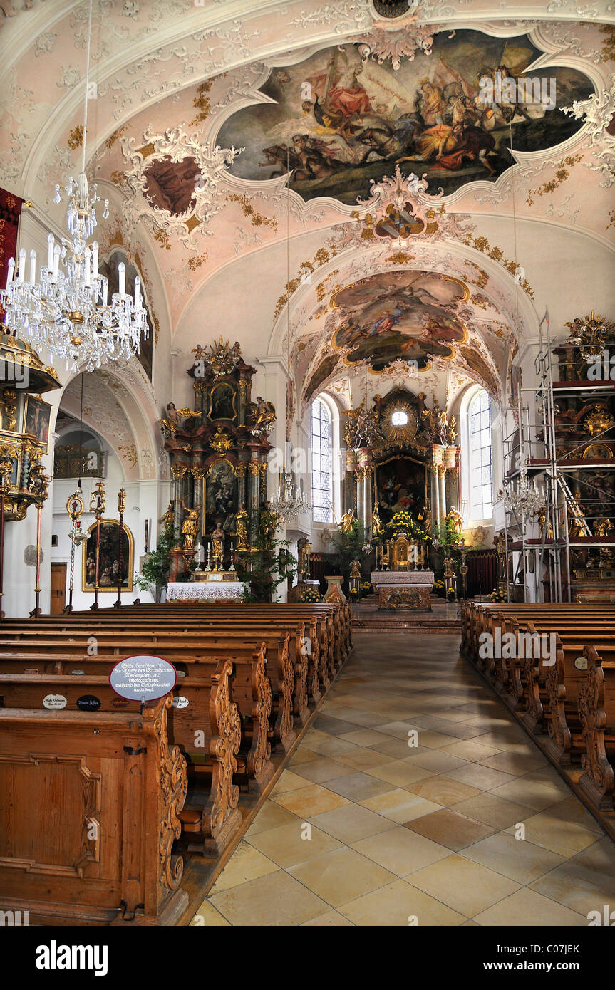 St. Peter and St. Paul's Church, built in 1746, with ceiling paintings and main altar, Mittenwald, Bavaria, Germany, Europe Stock Photo
