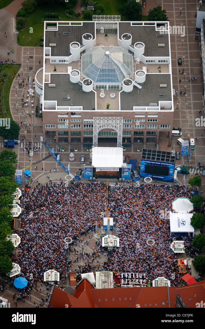 Aerial picture, public screening, Football World Cup 2010, the match Germany vs Australia 4-0, Friedensplatz square, Dortmund Stock Photo