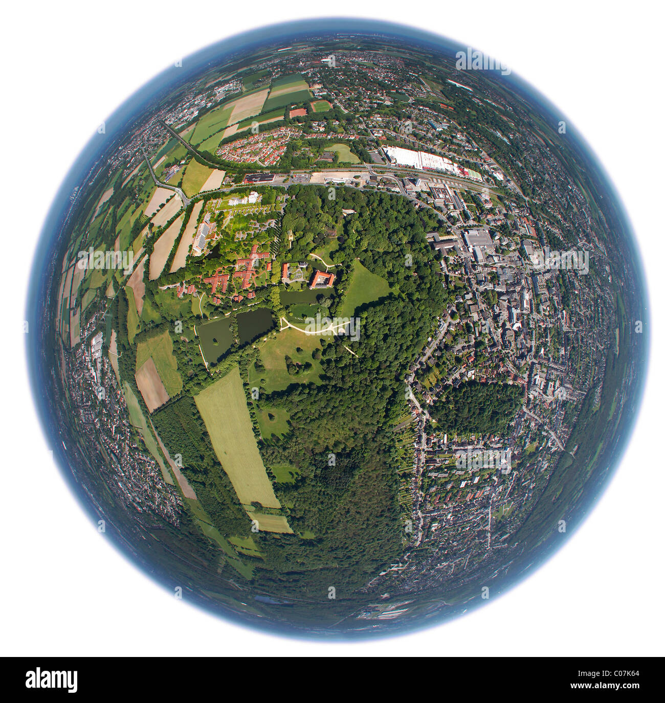Aerial picture, fisheye shot, Herten palace gardens, Herten moated castle, Barockpark gardens, Herten, Ruhr Area Stock Photo