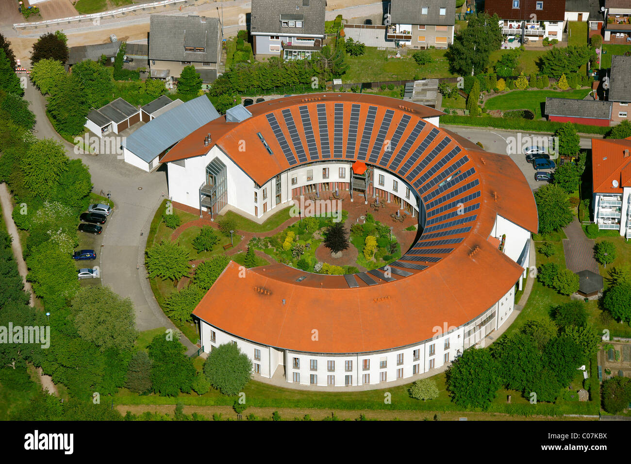 Aerial picture, roof with solar panels, rotunda, Alt-Oer retirement home, Oer-Erkenschwick, Ruhr Area, North Rhine-Westphalia Stock Photo