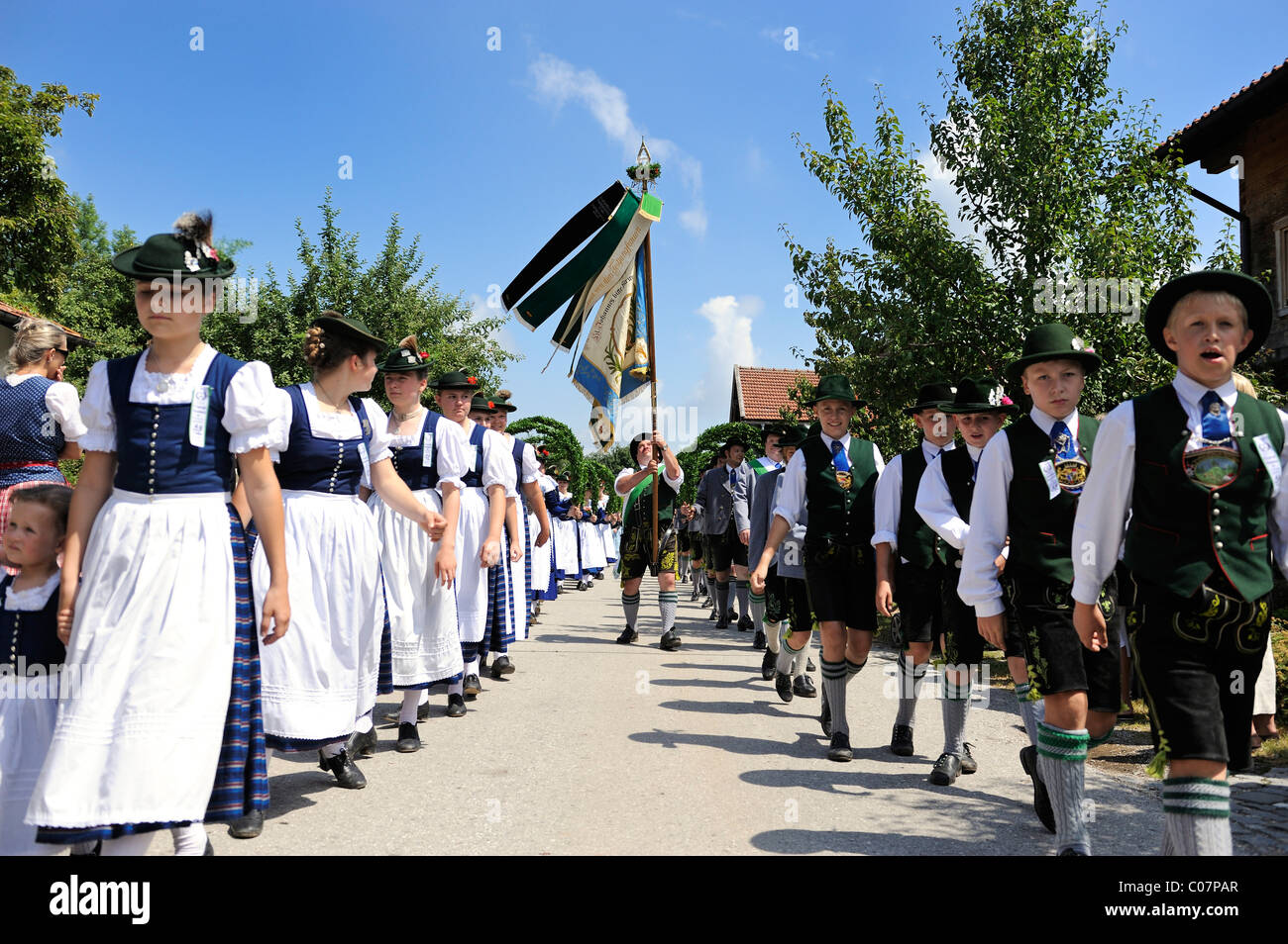 Parade to the Loisachgau folklore festival, Neufahrn, Upper Bavaria, Bavaria, Germany, Europe Stock Photo