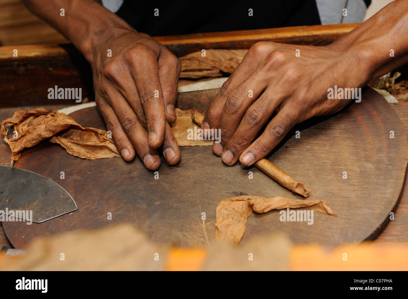 Man rolling a cigar, attaching the wrapper, cigar factory in Punta Cana