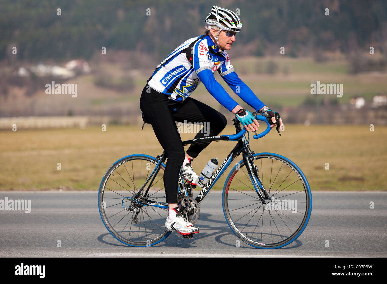 Agile senior cycling, Weer, North Tyrol, Austria, Europe Stock Photo