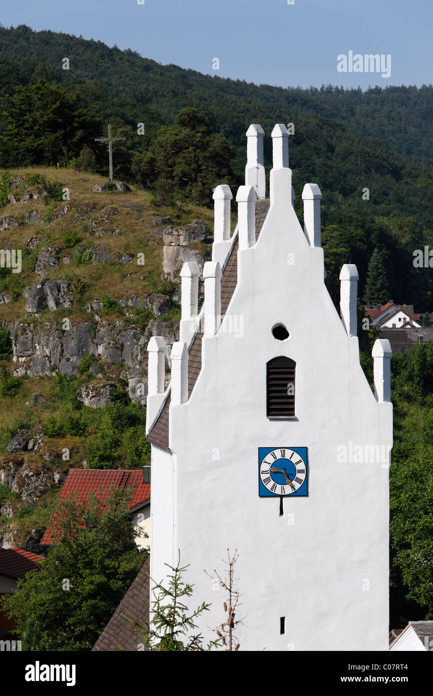 Church steeple in Pfuenz, Walting, Altmuehltal region, Upper Bavaria, Bavaria, Germany, Europe Stock Photo