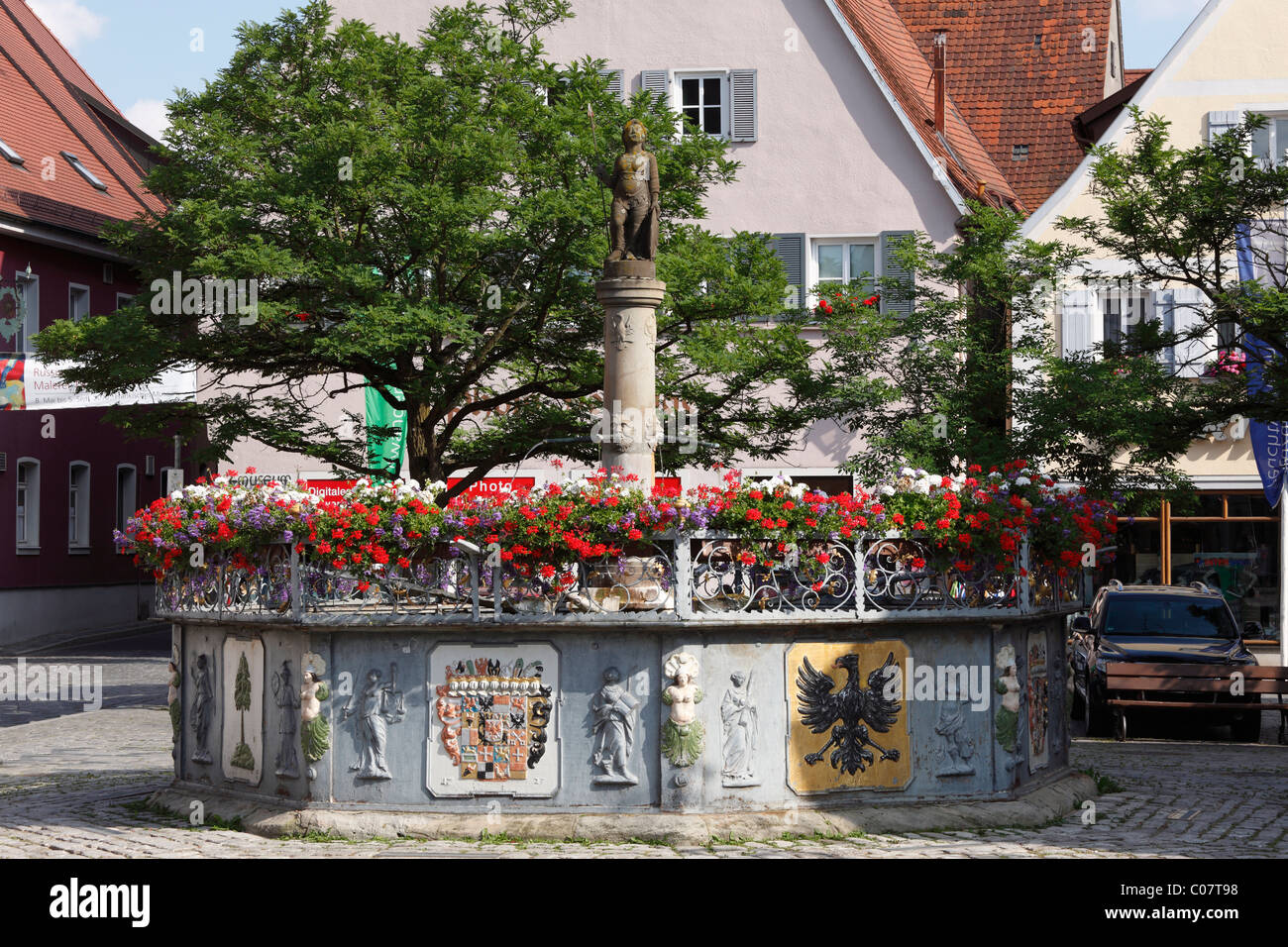 Roehrenbrunnen fountain on the market square, Feuchtwangen, Romantic Road, Middle Franconia, Franconia, Bavaria, Germany, Europe Stock Photo