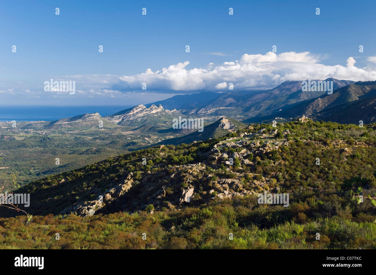 Mountain landscape at Murato, view of Golfe de Saint Florent, Nebbio, Corsica, France, Europe Stock Photo