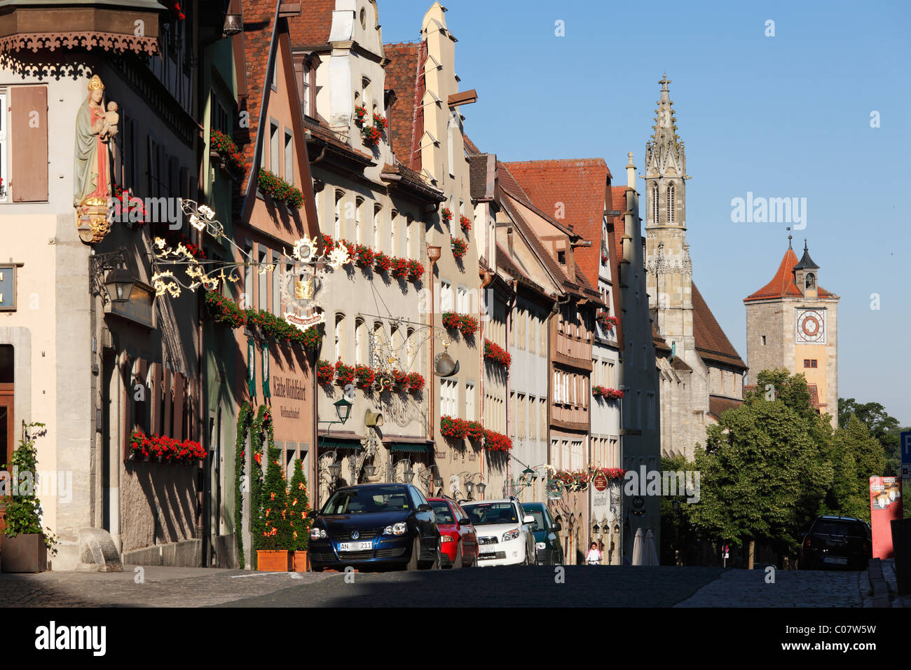 Herrngasse street, Franciscan church and Burgturm tower, Rothenburg ob der Tauber, Romantic Road, Middle Franconia, Franconia Stock Photo