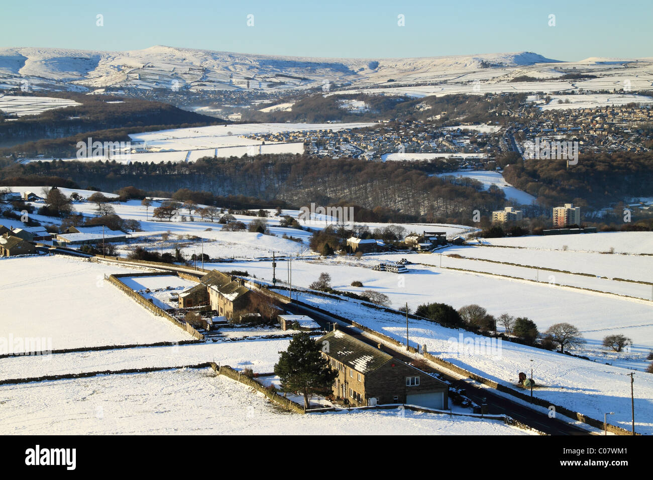 A snow covered view from Castle Hill In Huddersfield, looking towards Holme Moss and Holmfirth Stock Photo