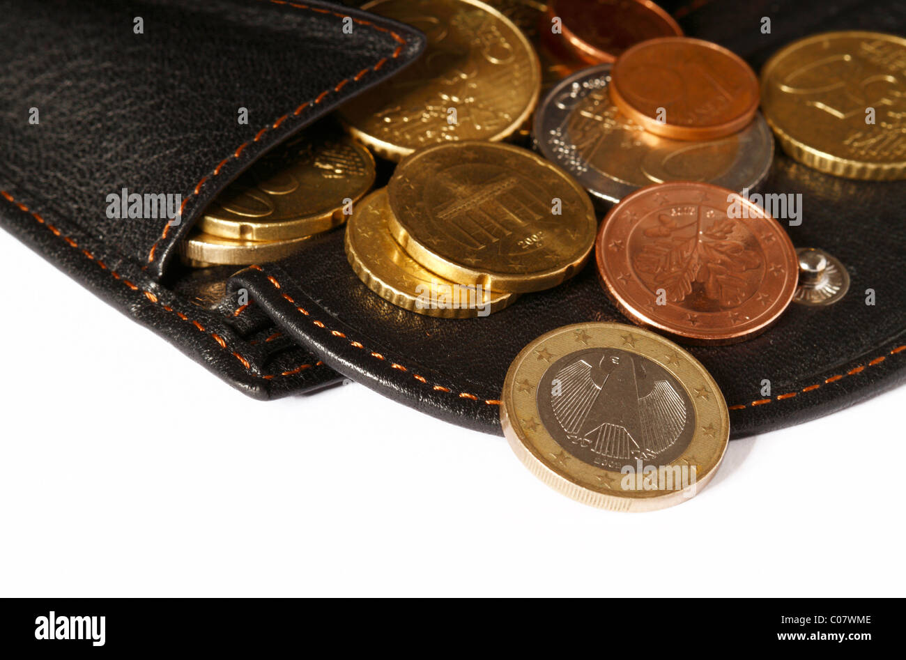 Euro coins in purse Stock Photo