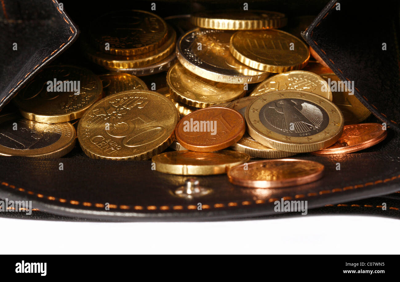 Euro coins in purse Stock Photo