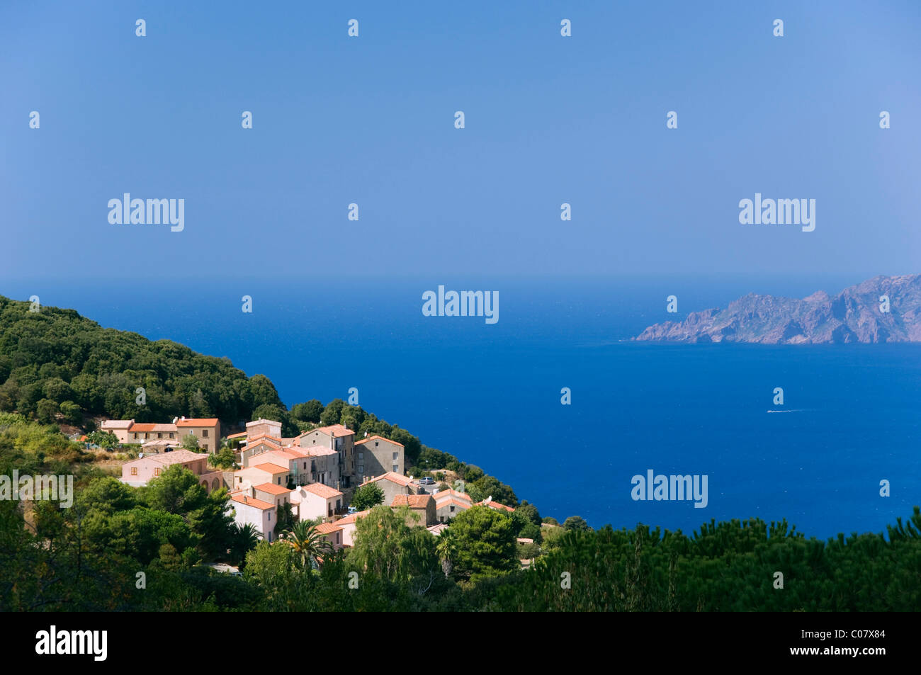 Piana mountain village overlooking the sea, Calanche de Piana, Gulf of Porto, Corsica, France, Europe Stock Photo