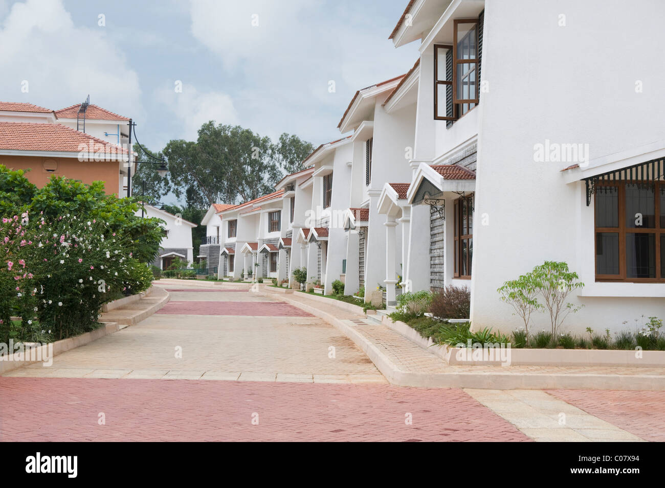 Row of houses on the both sides of a tiled road, Bangalore, Karnataka
