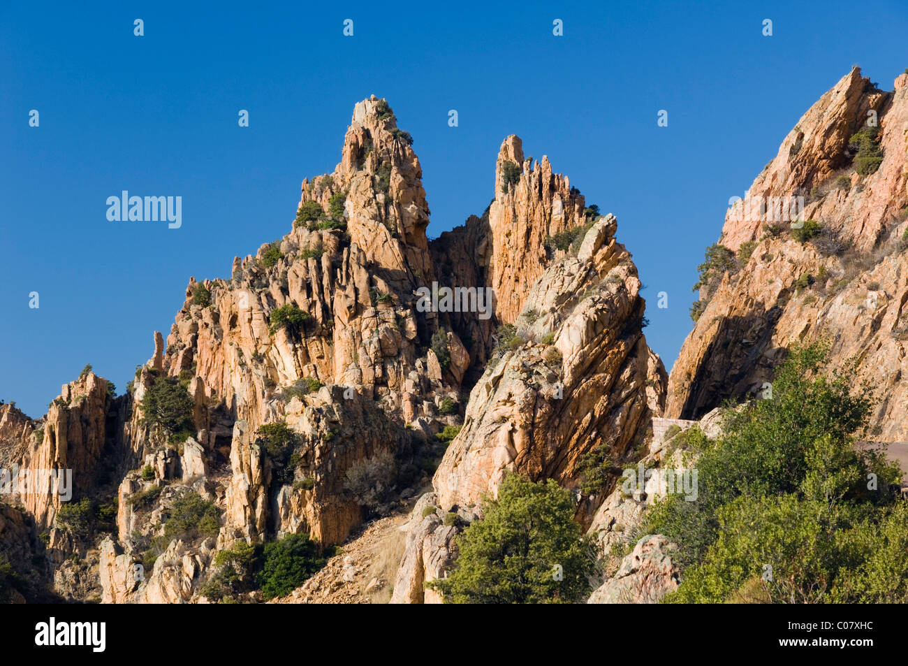 Red porphyry rocks, Calanche de Piana, Gulf of Porto, Corsica, France ...