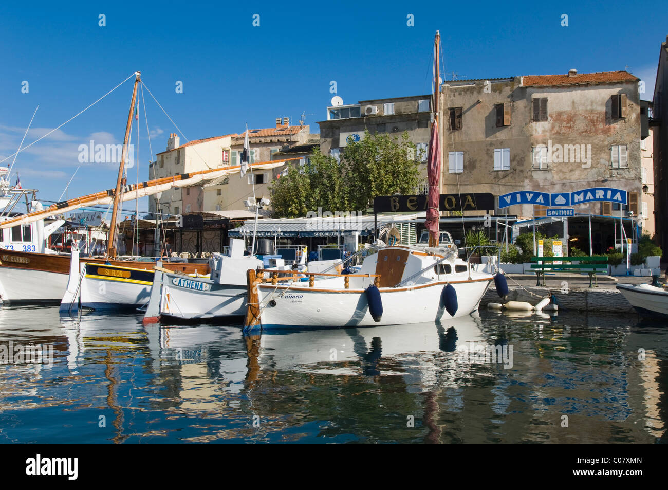 Fishing boats in the harbor, Saint Florent, Nebbio, Corsica, France, Europe Stock Photo