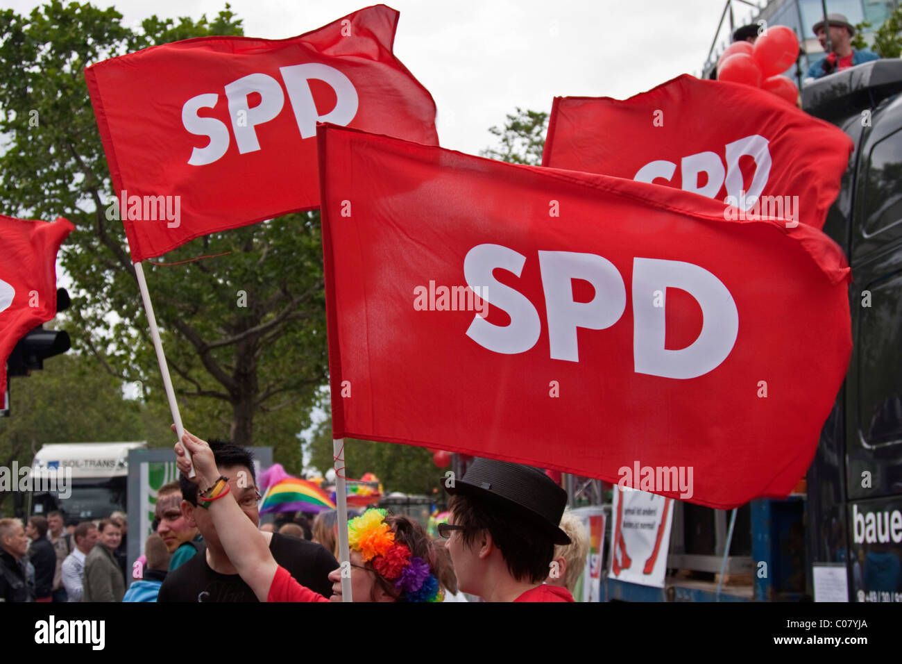 Flags of the SPD, Social Democratic Party of Germany, on the CSD Christopher Street Day in Berlin on 19 June 2010 Stock Photo