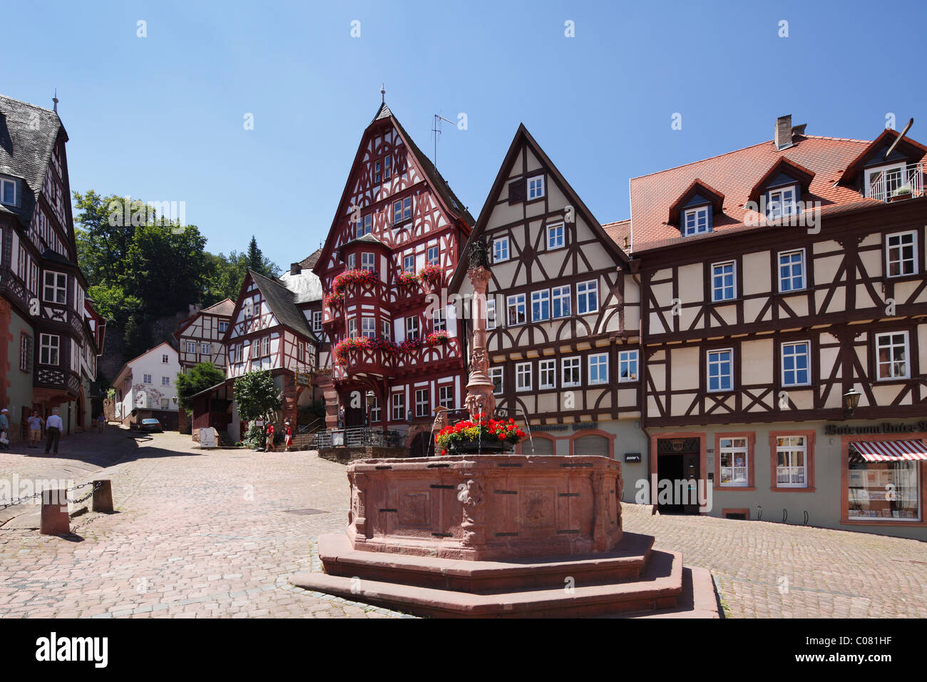 Market square with Marktbrunnen fountain and winehouse, Miltenberg, Mainfranken, Lower Franconia, Franconia, Bavaria Stock Photo