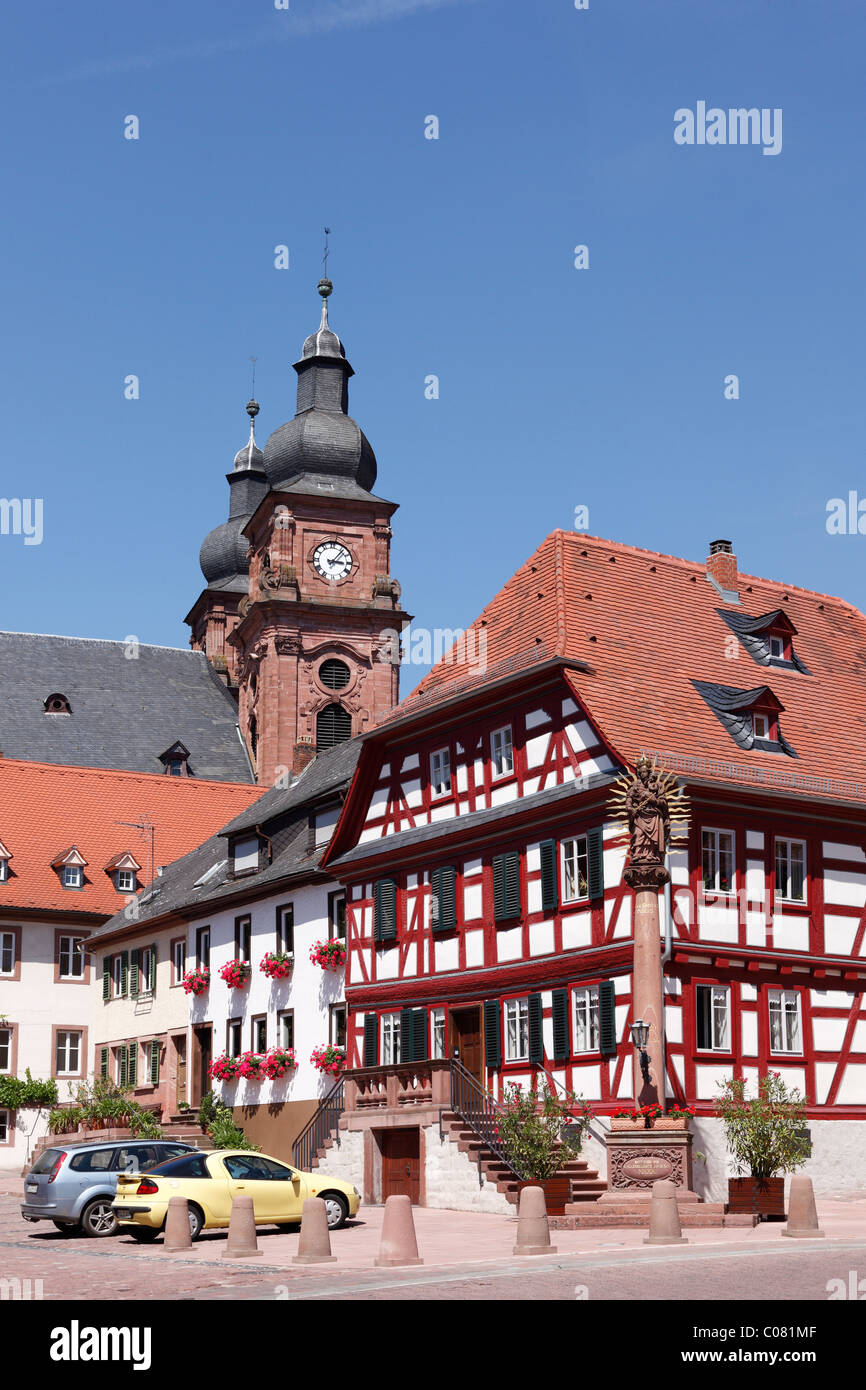 Market square and Pparish church of St. Gangolf, Amorbach, Mainfranken, Lower Franconia, Franconia, Bavaria, Germany, Europe Stock Photo